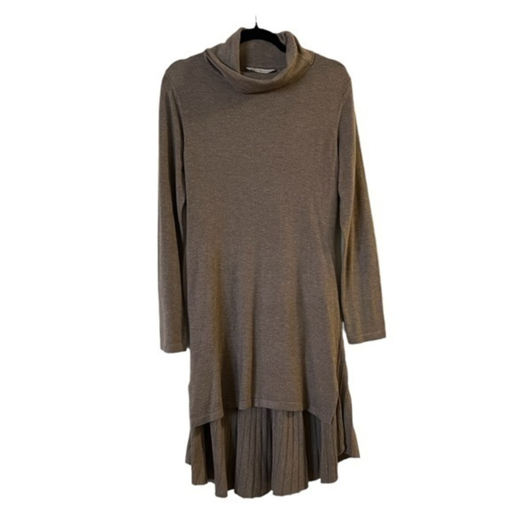 Soft Surroundings taupe tan high low pleated knit tunic turtleneck sweater dress